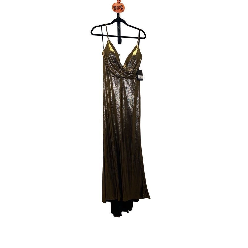 Ieena For Mac Duggal Womens 4 Metallic Gold Gown Faux Wrap Plunge Neck NWT
